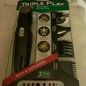 Triple play groomer . New in package , batteries required not included .